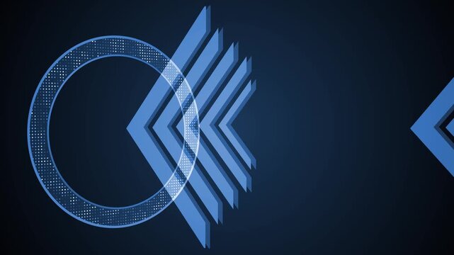 Abstract composition with a dotted circular ring on the left and layered chevron shapes pointing right animation background