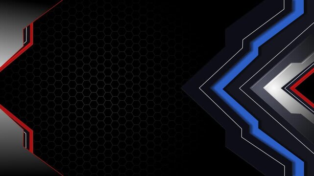 Dark geometric background with layered chevron shapes, hexagonal pattern accents animation