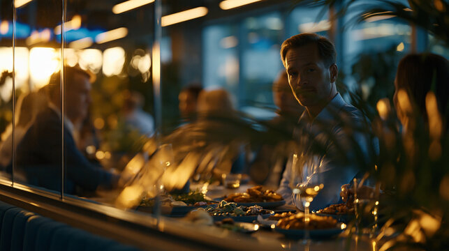 Office factions are implied by two distinct lunch clusters visible through a glass partition, body language and seating patterns telling the whole story without a single word, harsh midday sun split