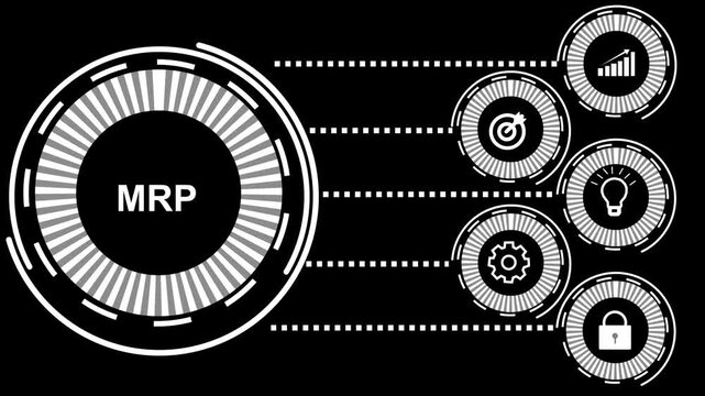 Animated futuristic graphic of the acronym mrp depicted in a digital circle.4k video.