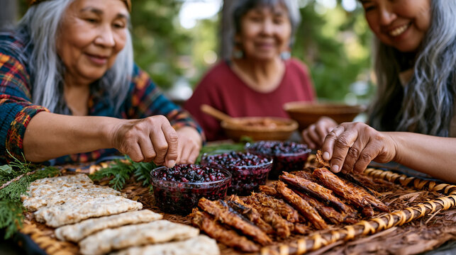 Three generations of Indigenous women arranging traditional bannock, wild berry preserves, and smoked fish on woven cedar mat, outdoor summer gathering, ideal for indigenous food culture, heritage r