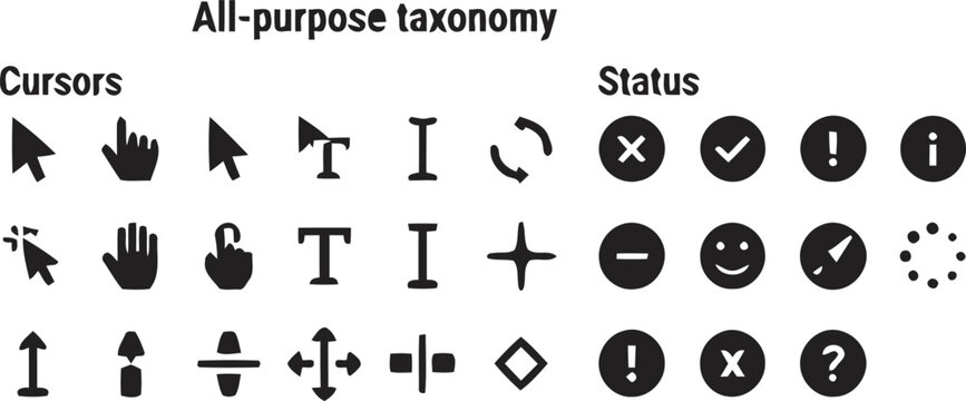 All purpose taxonomy glyph icons set featuring computer mouse cursors and pointers