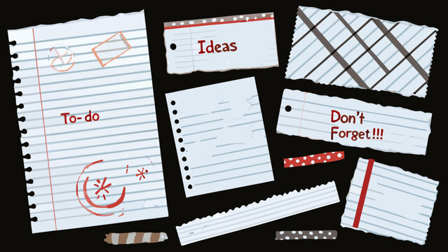 collection of torn paper notes with handwritten reminders and ideas on black background