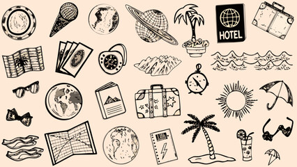 travel themed sketch collection with globes suitcases and tropical elements on a beige background © Chapala