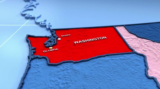 Looped 3D election map animation of the United States zooming into Washington state, featuring red, blue, purple and green political outcome variations.