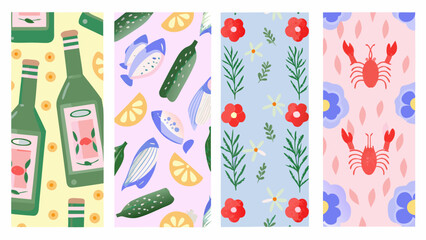 seamless patterns with canned seafood fish pickles flowers and crabs in a hand drawn style © Chapala