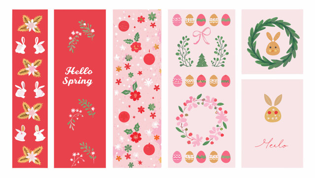 Floral spring collection with bunny illustrations and easter eggs decorative vector graphics on pink and red