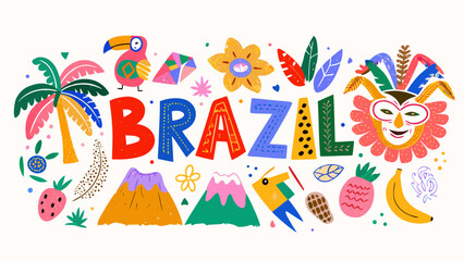 brazil typography with tropical elements a colorful vector illustration featuring toucans palm leaves and mountains © Chapala
