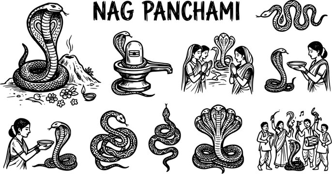 Nag Panchami Black and White Line Art Vector Illustration with Snakes and Puja