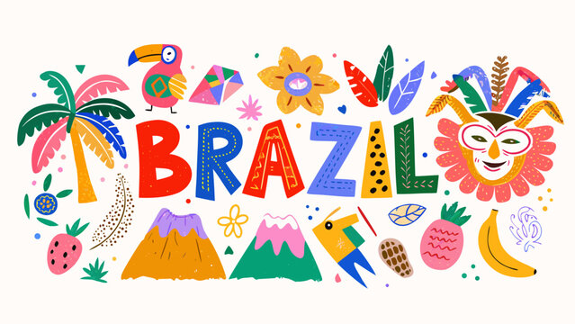 brazil typography with tropical elements a colorful vector illustration featuring toucans palm leaves and mountains