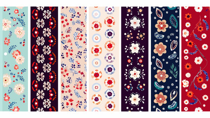 floral pattern collection eight vertical rectangular cards with repeating botanical designs on white background © Chapala
