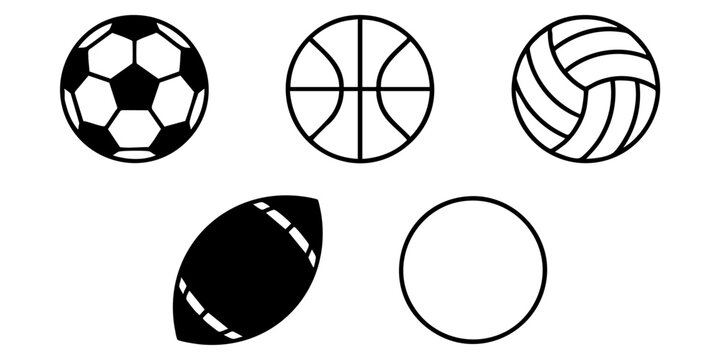 Sports equipment icons including soccer ball, basketball, volleyball, football, and circle