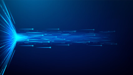 Fototapeta na wymiar Luminous horizontal torrent of cyber data. Glowing circuit paths converge into a vertical stream. Digital signal processing, core of big data technology in motion, network traffic concept. Vector.