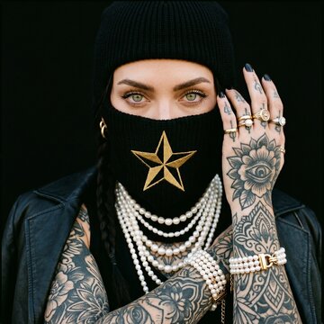 Mysterious green eyed woman wearing a black embroidered gold star ski mask with layered pearl necklaces and bold hand tattoos
