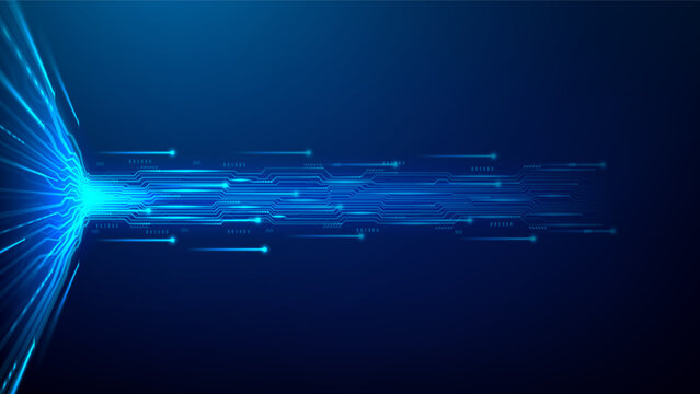 Luminous horizontal torrent of cyber data. Glowing circuit paths converge into a vertical stream. Digital signal processing, core of big data technology in motion, network traffic concept. Vector.