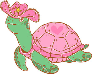 Obraz premium Retro Groovy Coastal Summer Cowboy Turtle Wearing a Pink Hat Whimsical Hand Drawn