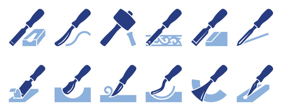 Set of woodworking tools chisels and mallet icon collection illustrating carving techniques for