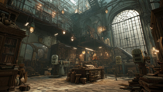 Vintage steampunk laboratory and workshop interior with glowing lights and old machinery