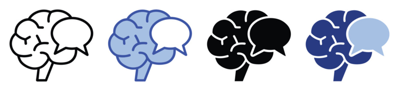 Set of brain and speech bubble icons representing thought, mind, and communication