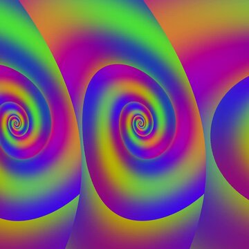 Grafica astratta con spirali multicolore affiancate, caratterizzate da gradienti vivaci e movimento ipnotico, ideale per sfondi digitali, design moderni e progetti creativi ad alto impatto visivo