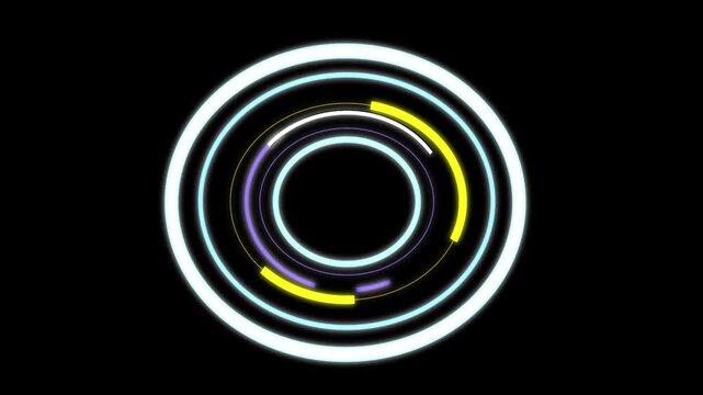 Futuristic circular interface element glowing with neon rings spinning in seamless animation isolated on black background for digital HUD overlay design concepts in high resolution motion graphics dis