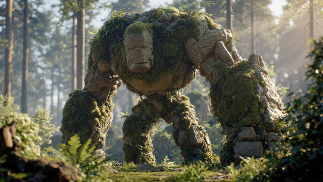 Giant stone golem monster covered in green moss walking through a sunny magical forest
