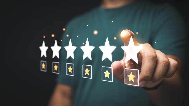 Customer experience concept with person touching virtual five star rating glowing interface.