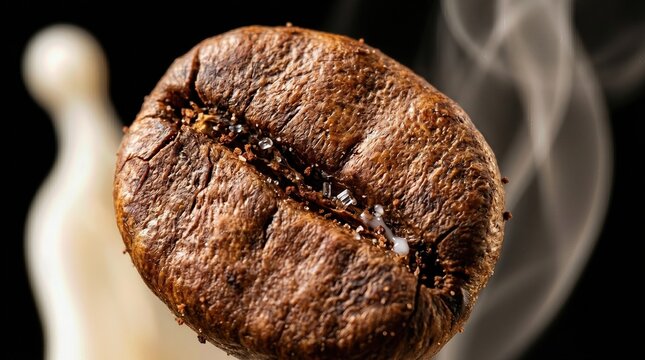 Extreme Macro of Single Coffee Bean with Sugar Crystals and Steam - AI Generated