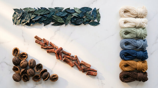 Minimalist studio flat lay of natural dyeing materials arranged on stone surface, dried indigo leaves, madder root, walnut husks and swatche 2