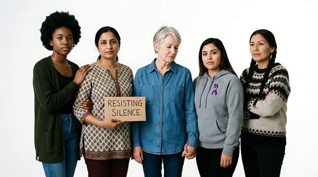 Diverse women standing together resisting silence with a sign.