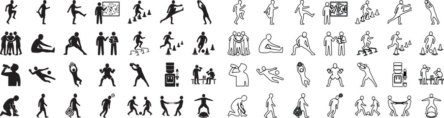 Obraz premium Athletic sports silhouettes set, collection of 56 exercise and fitness icons, black and white human figures in motion for gym and workout branding