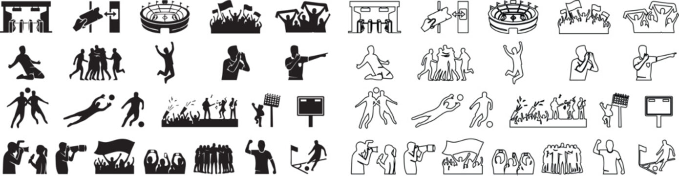 Football stadium icons and soccer fan silhouettes, 40 sports match elements in solid and line art vector style, athletic competition and crowd symbols