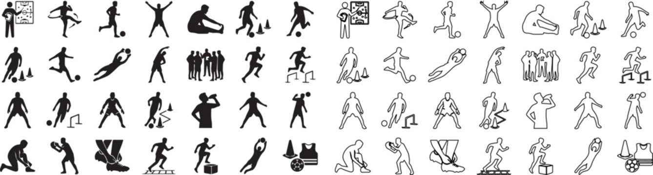 Soccer player silhouettes and line icons set, football training exercise symbols, athletic sports figures in action, 56 vector elements for coaching