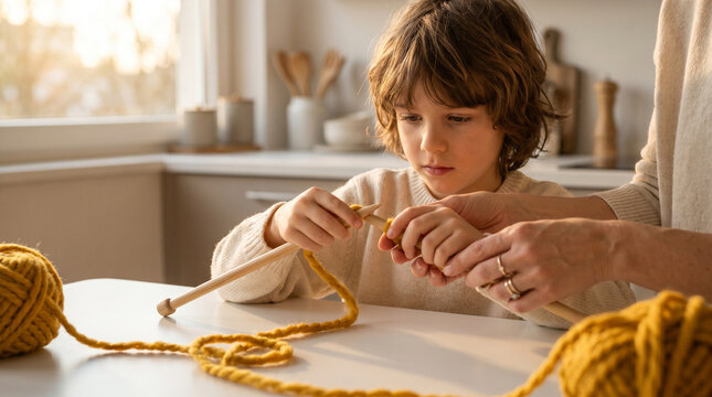 A child threading yarn through large wooden knitting needles guided by an adult's hands, chunky mustard yellow wool unspooling across a kitc 2