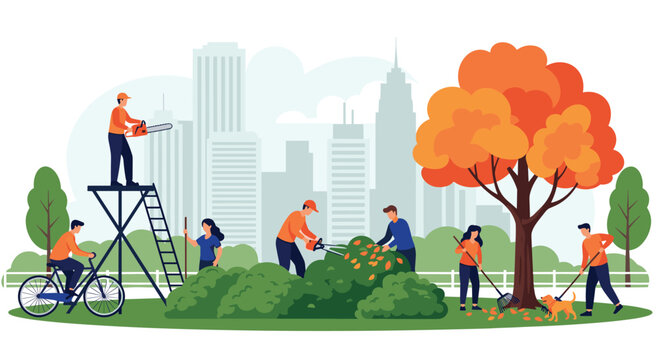Team of professional gardeners maintaining a city park by trimming bushes raking autumn leaves and cutting trees.