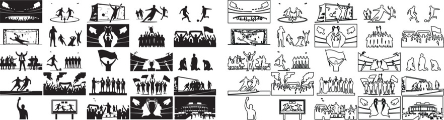 Sports and stadium silhouettes collection, 50 athletic event icons in black and white line art, competitive arena and crowd scenes vector set © s graphics 