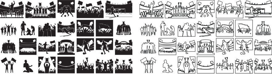 Stadium crowd silhouette icons, sports fans cheering in arena vector set, 52 black and white audience symbols for football and concert events © s graphics 