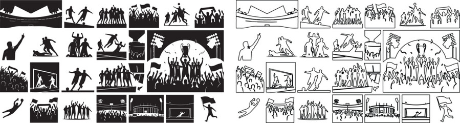 Soccer stadium silhouette collection, football fans cheering in arena vector set, sports match crowd and player icons, stadium atmosphere graphics © s graphics 