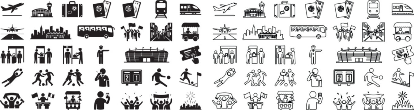 Travel and sports icon set, 70 black solid and line vector icons, airport transportation and stadium symbols, tourism and athletic activity signs
