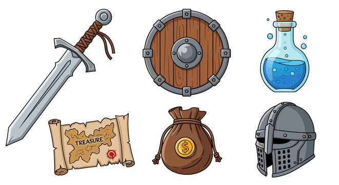 Collection of medieval fantasy adventure game items and equipment.