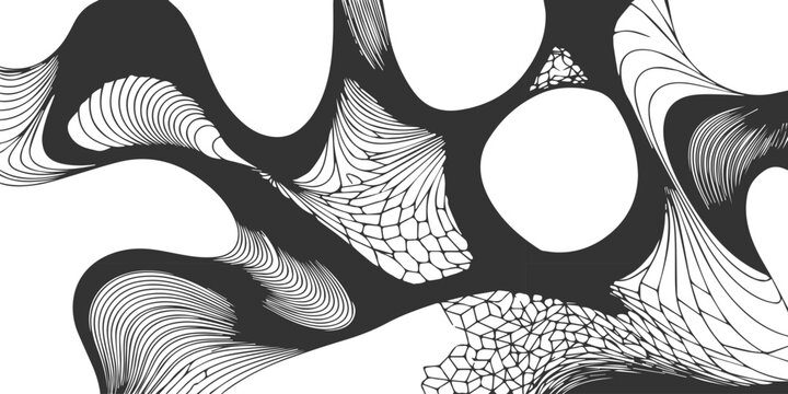 Hand-drawn black and white abstract vector illustration with birds, fish, flowers, and vintage grunge patterns