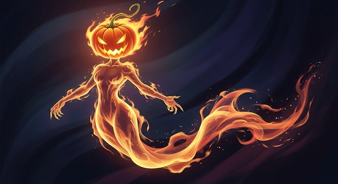 Halloween burning pumpkin monster creature.