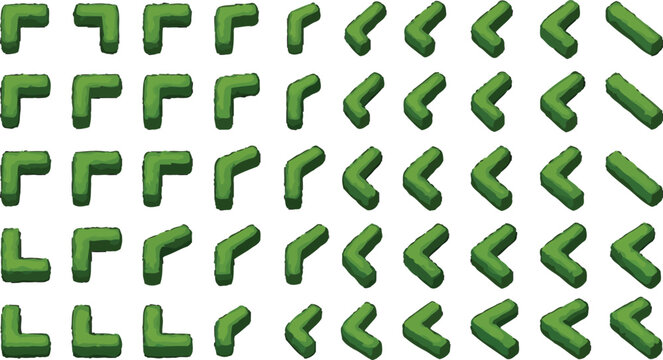 Isometric green hedge maze path elements set for garden landscape design and top down game map construction
