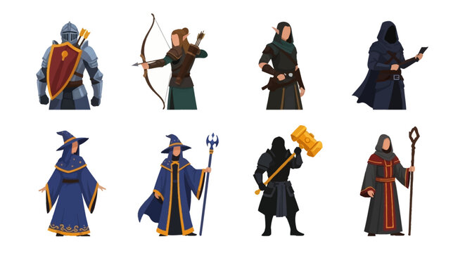 Diverse fantasy characters collection featuring warriors, archers, mages, and rogues in various poses.