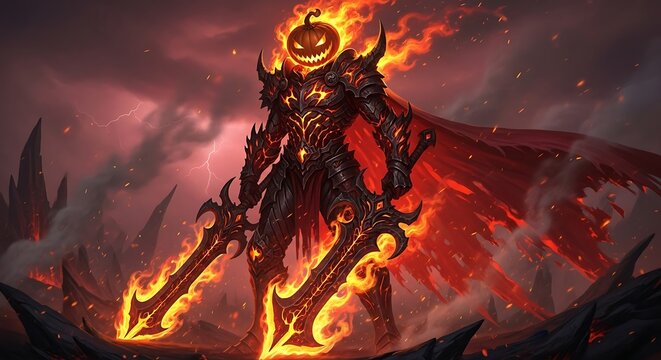 Fantasy creature with fiery sword standing.