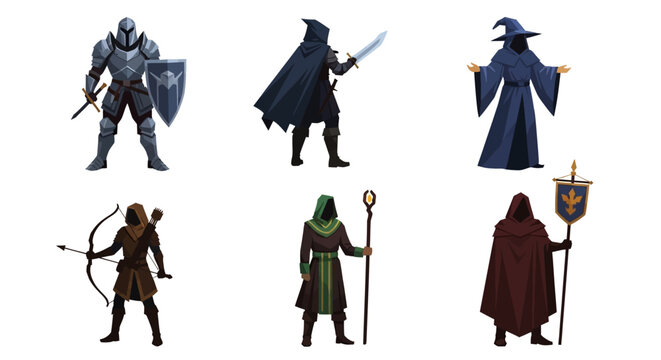 Fantasy RPG character classes set including knight, rogue, wizard, archer, cleric, and standard bearer.