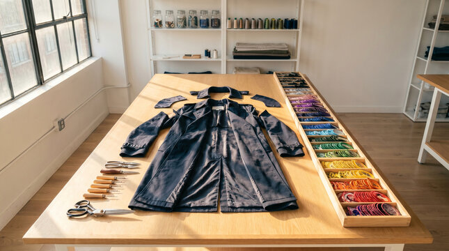 Thrift store upcycling station in a bright workshop, fabric scissors and seam rippers beside a deconstructed trench coat, iron-on patches so 3