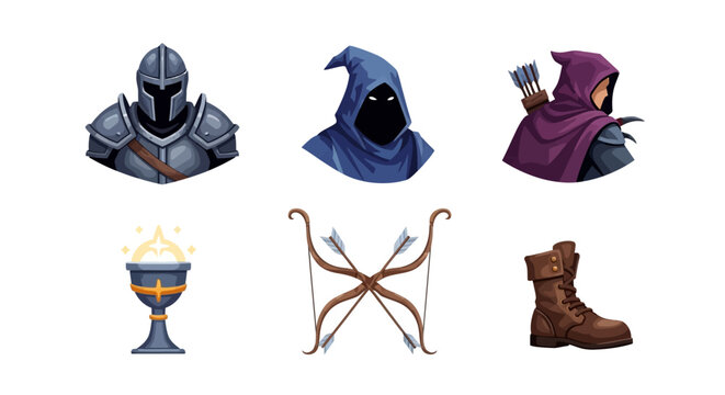 Fantasy RPG Game Icons Set Featuring Knight Helmet Hooded Figures Chalice Bows and Boots.