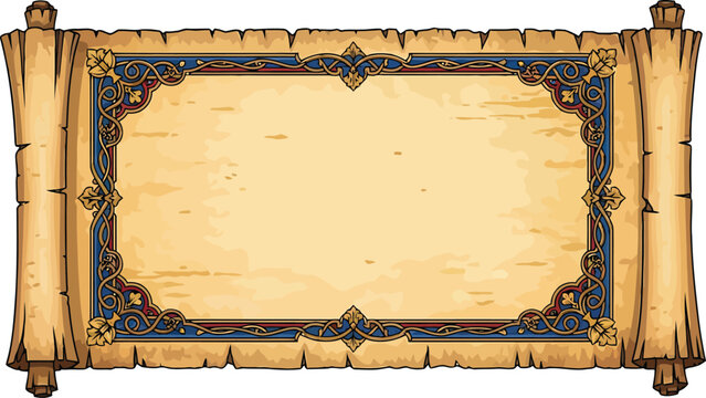 Old parchment scroll with ornate medieval border frame for fantasy maps or historical document design vector illustration