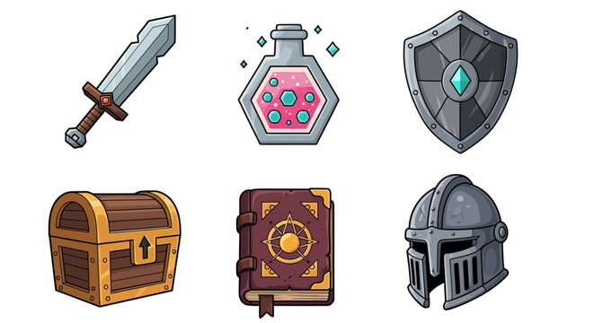 Fantasy RPG game items collection including sword potion shield treasure chest spellbook and helmet.